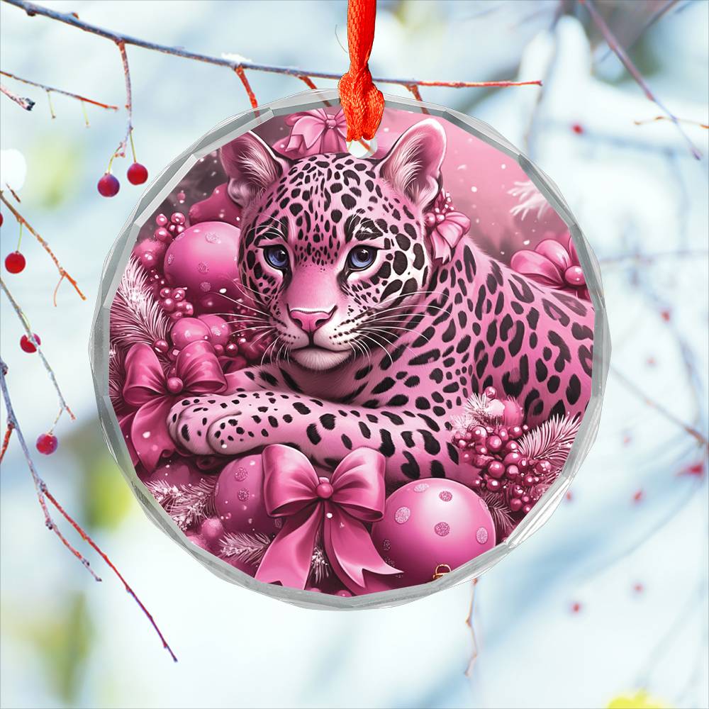 Jaguar Pink Christmas Design 4 Glass Ornament