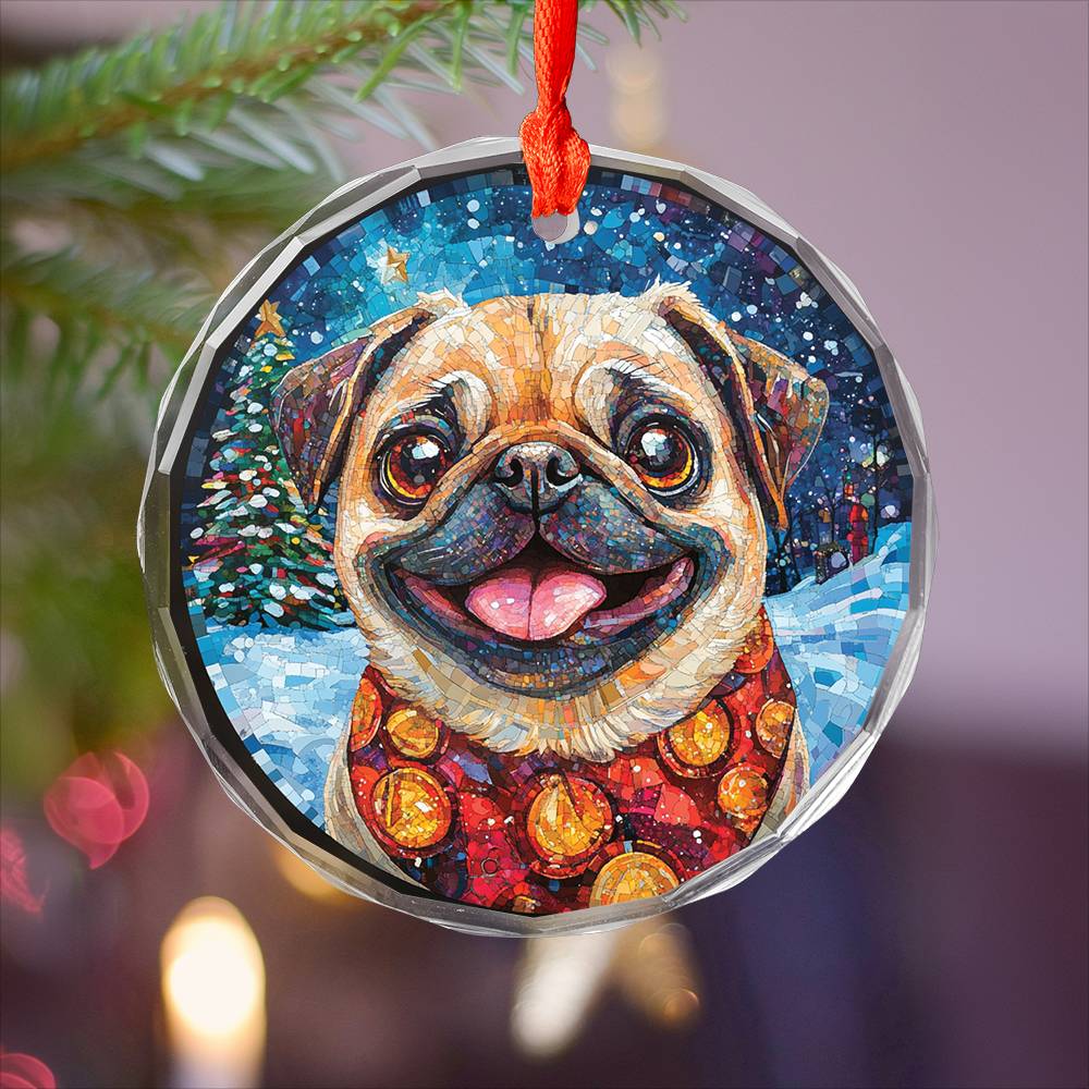 Beautiful Pug Dog Christmas Night Design 1 Glass Ornament