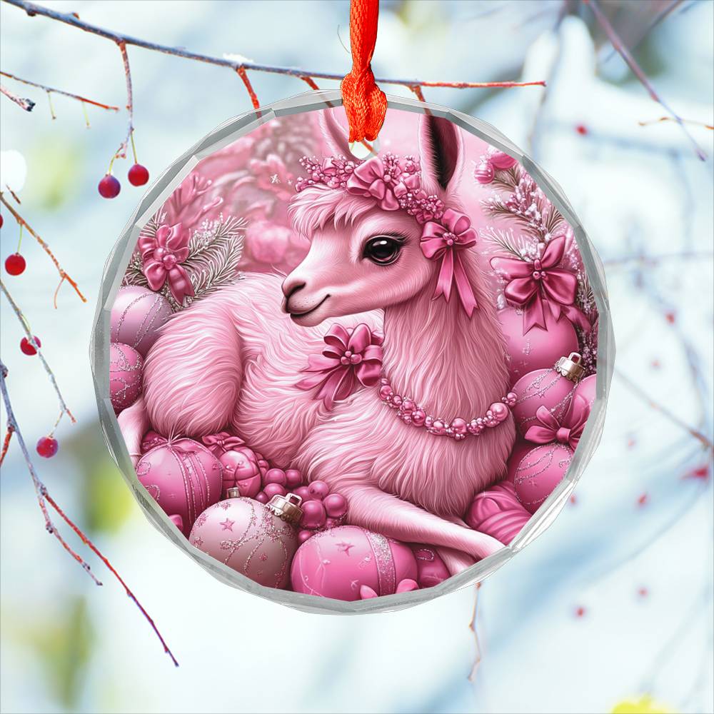 Llama Pink Christmas Design 4 Glass Ornament