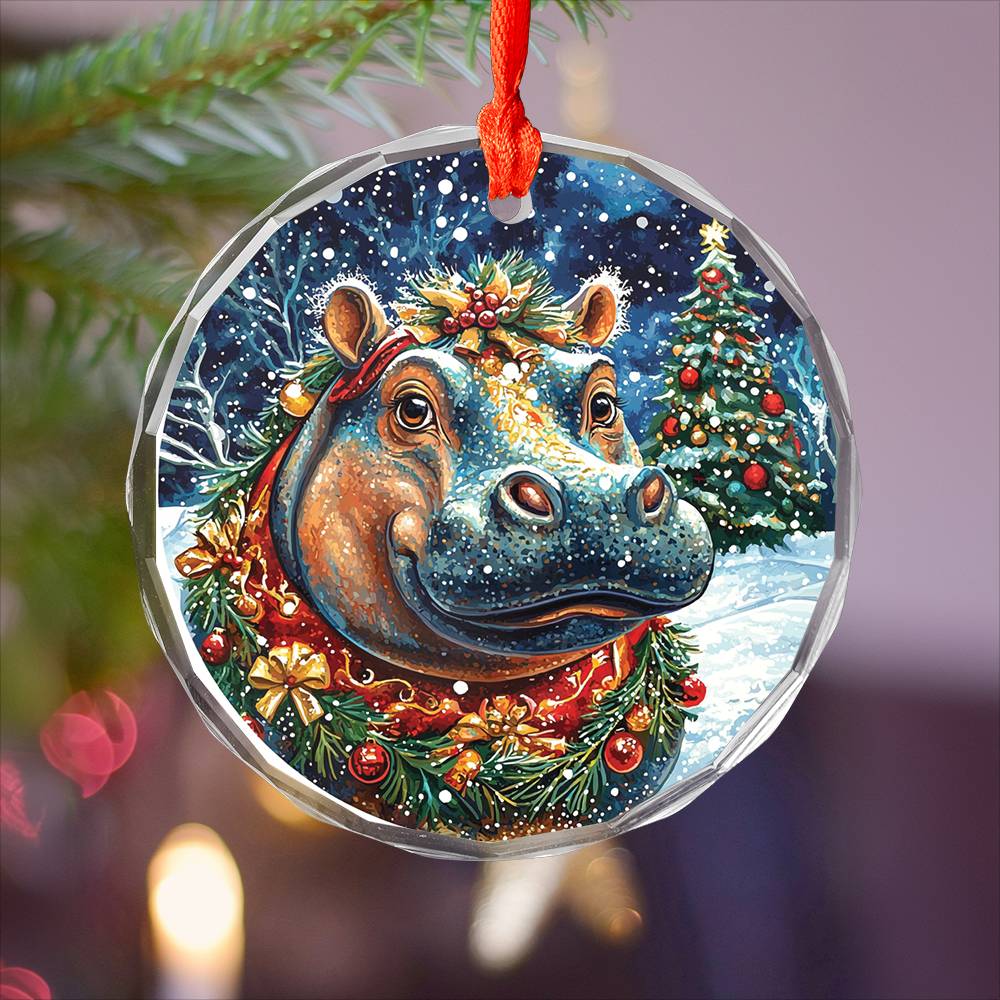 Beautiful Hippo Christmas Night Design 4 Glass Ornament