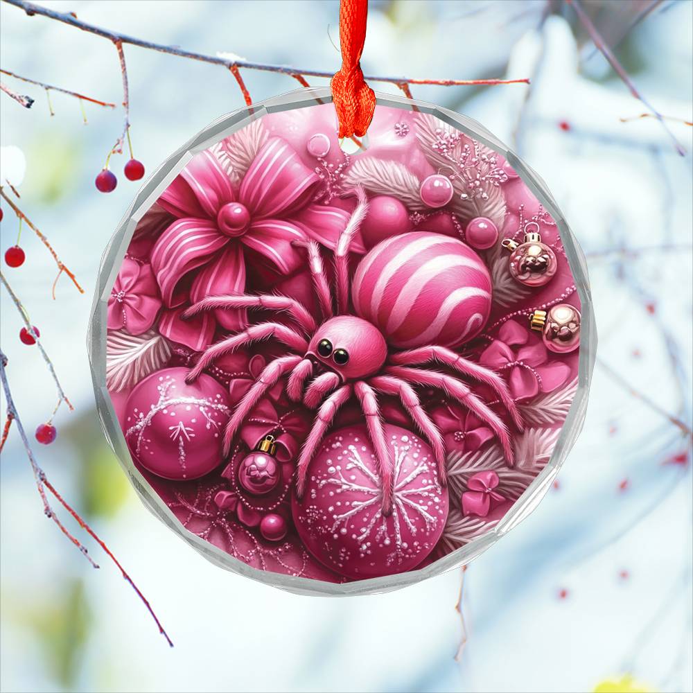 Spider Pink Christmas Design 1 Glass Ornament