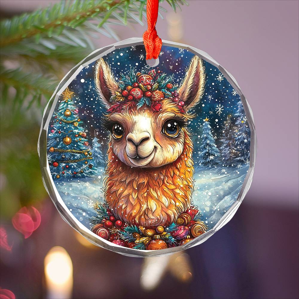 Beautiful Llama Christmas Night Design 3 Glass Ornament