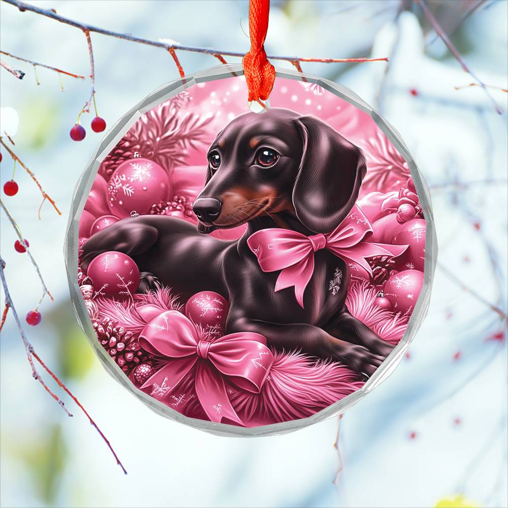 Dachshund Dog Pink Christmas Design 3 Glass Ornament