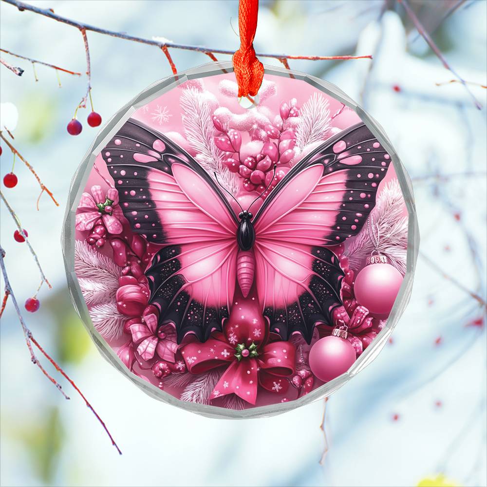 Butterfly Pink Christmas Design 2 Glass Ornament