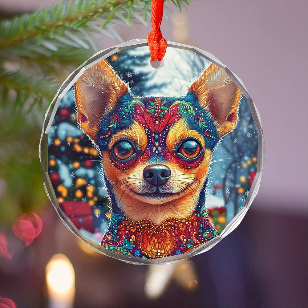 Beautiful Chihuahua Dog Christmas Night Design 4 Glass Ornament