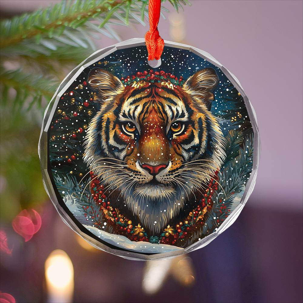 Beautiful Tiger Christmas Night Design 3 Glass Ornament