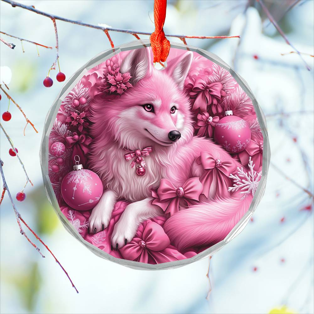 Wolf Pink Christmas Design 1 Glass Ornament