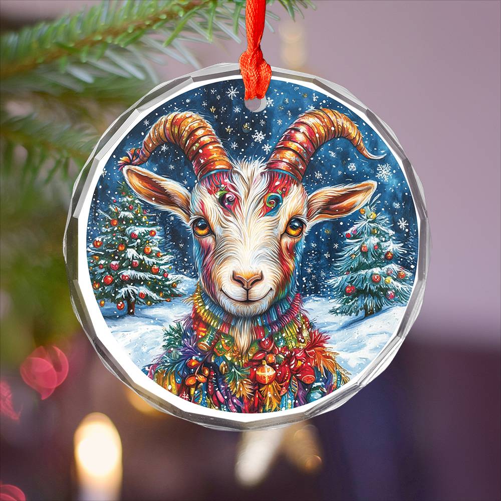 Beautiful Goat Christmas Night Design 3 Glass Ornament