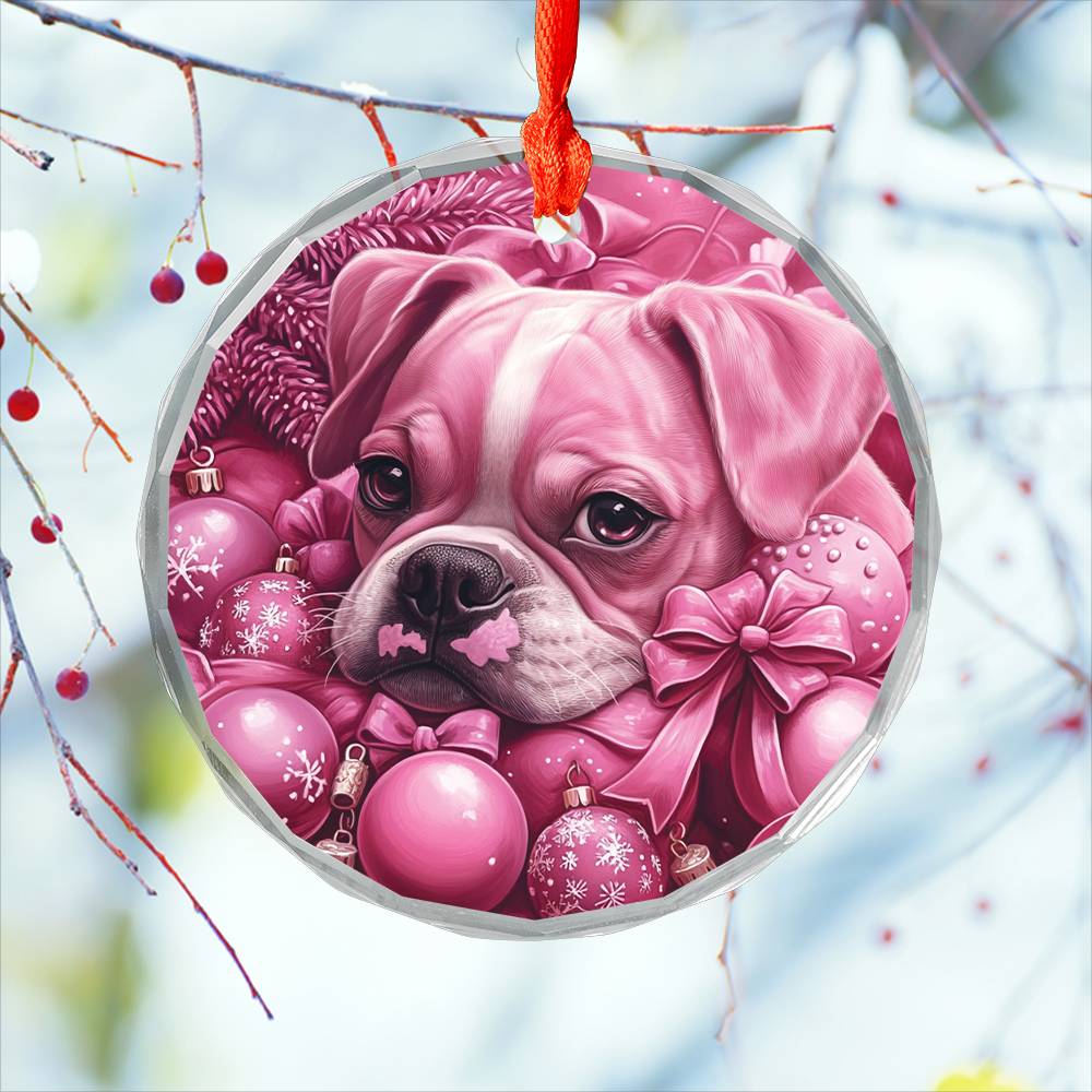 Boxer Dog Pink Christmas Design 3 Glass Ornament