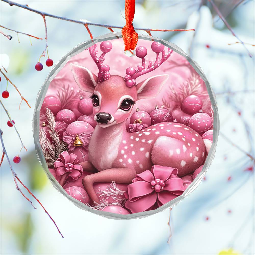 Deer Pink Christmas Design 1 Glass Ornament