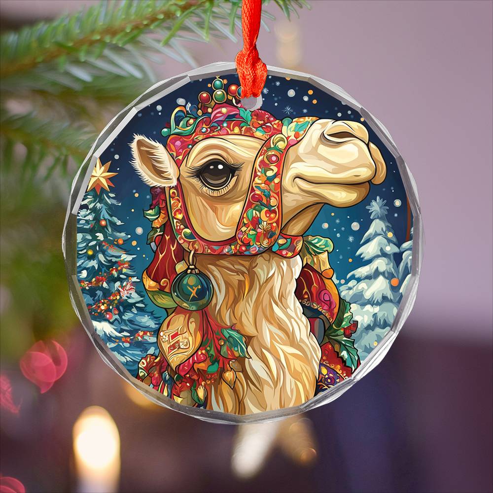 Beautiful Camel Christmas Night Design 1 Glass Ornament