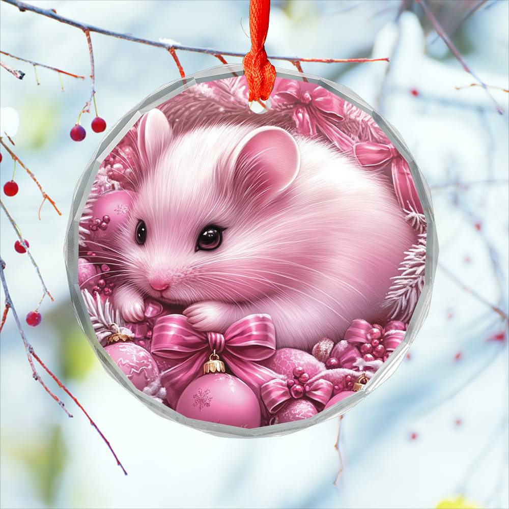 Hamster Pink Christmas Design 2 Glass Ornament