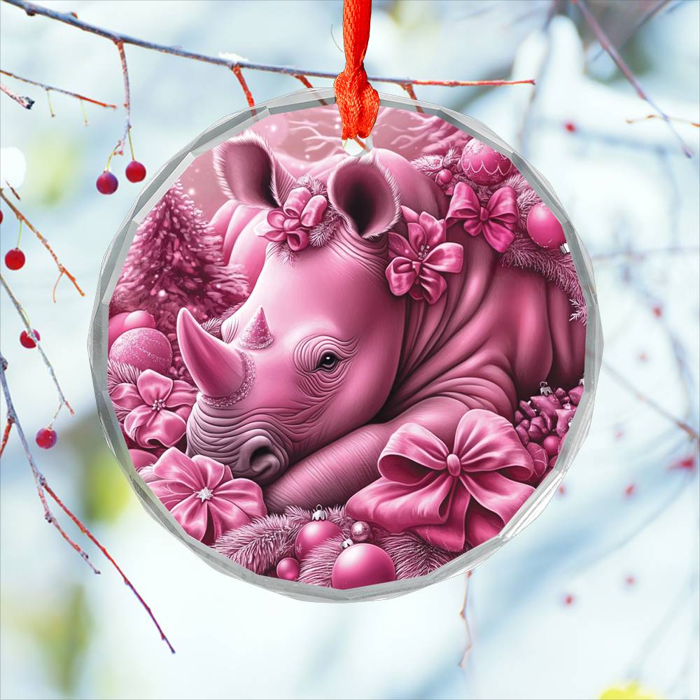 Rhino Pink Christmas Design 4 Glass Ornament