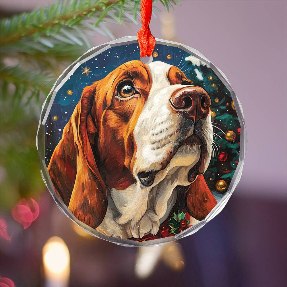 Beautiful Bassett Hound Dog Christmas Night Design 1 Glass Ornament