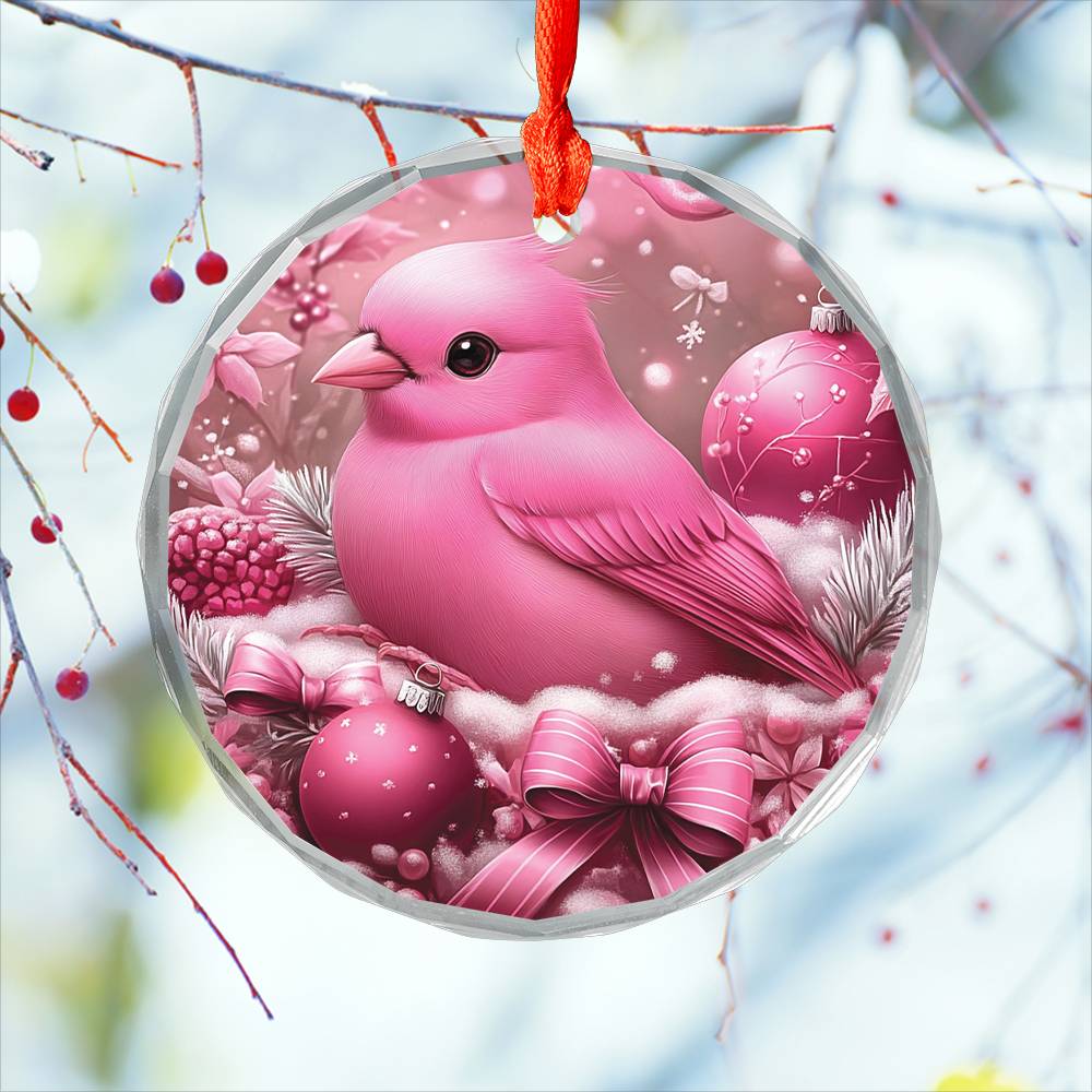 Finch Pink Christmas Design 2 Glass Ornament