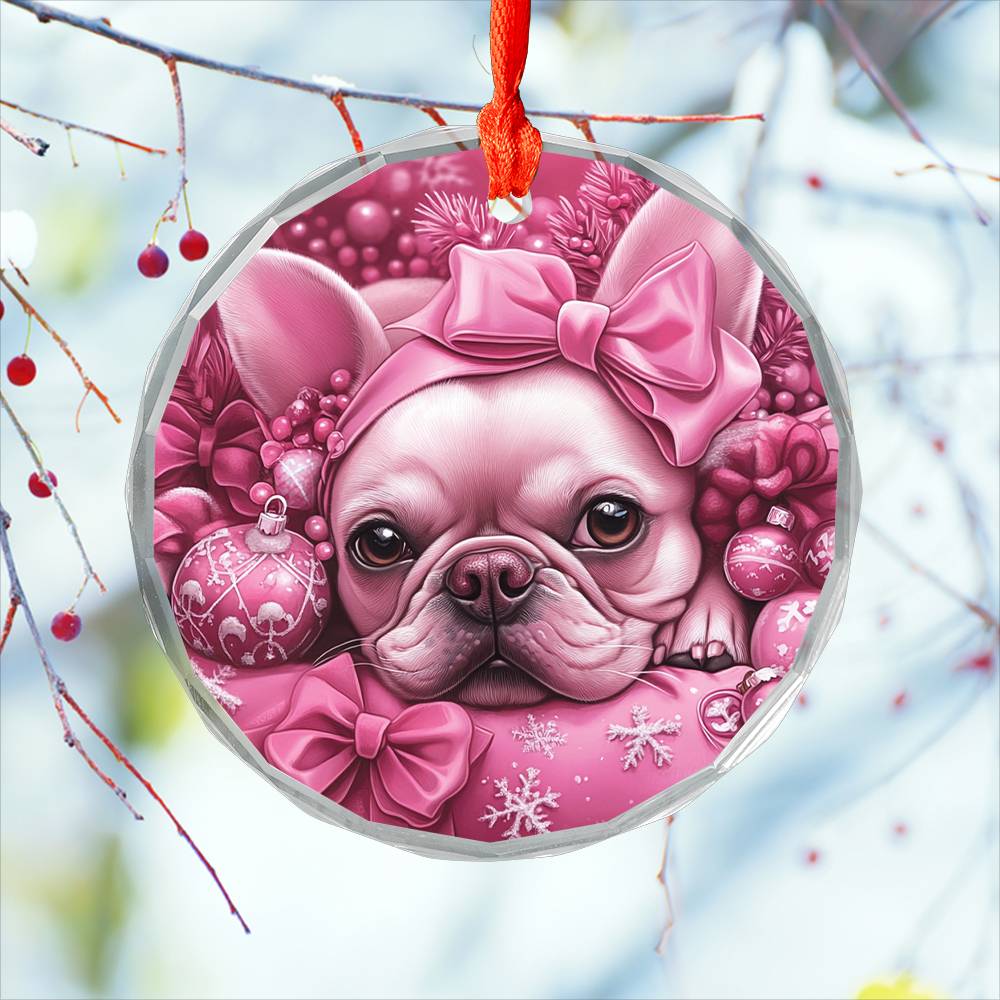 French Bulldog Pink Christmas Design 4 Glass Ornament