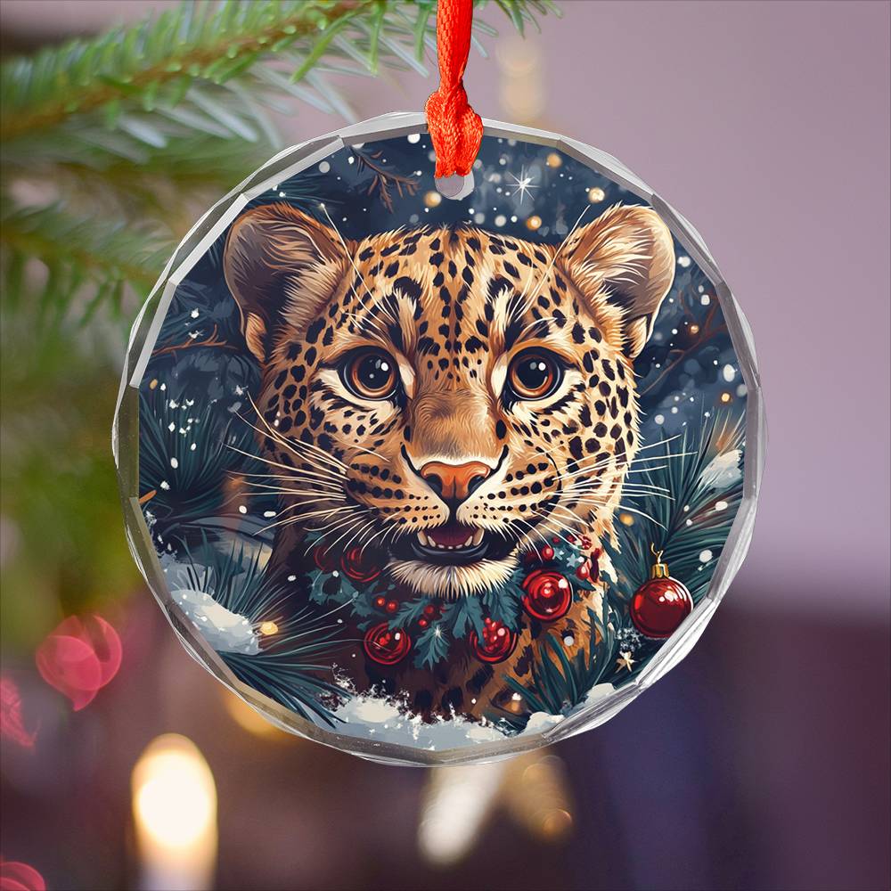 Beautiful Leopard Christmas Night Design 1 Glass Ornament