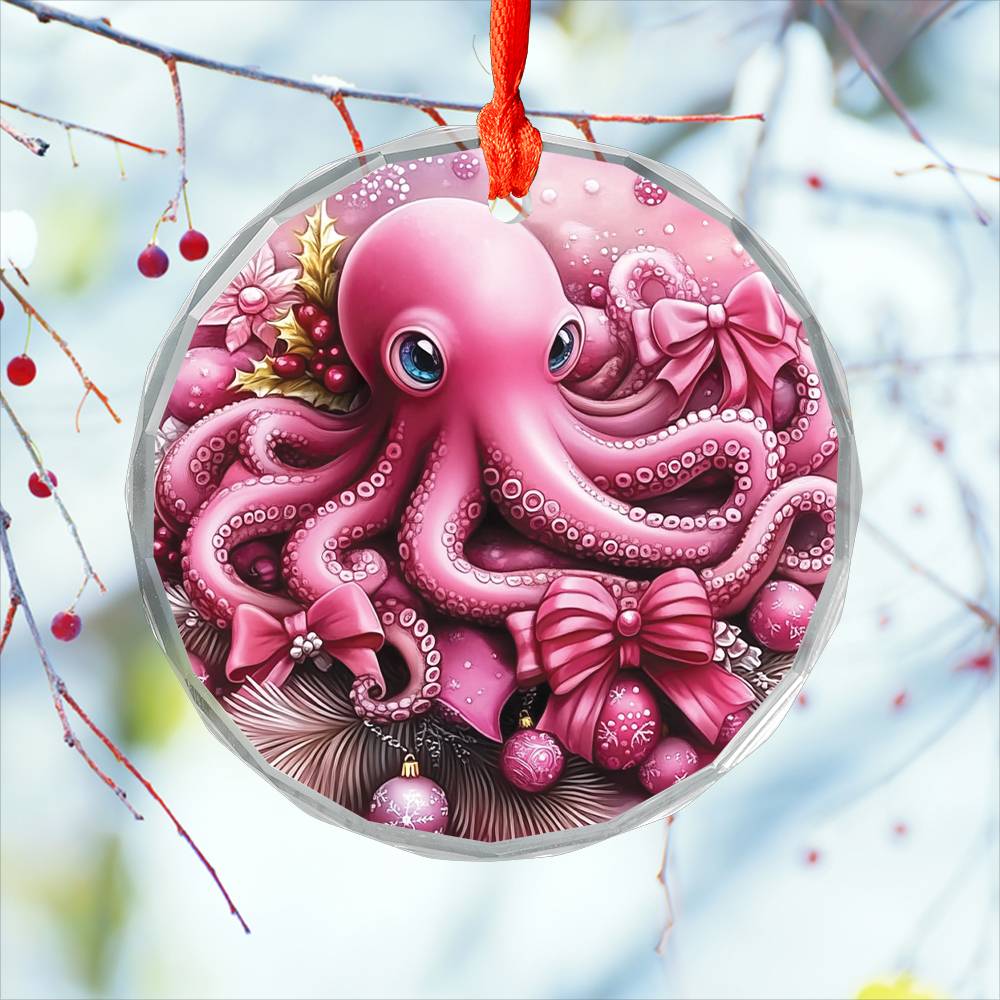 Octopus Pink Christmas Design 2 Glass Ornament