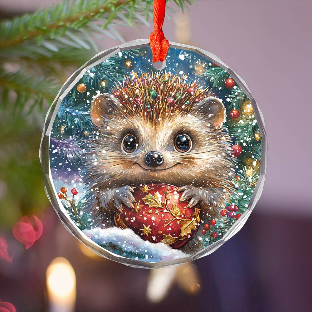 Beautiful Angus Hedgehog Christmas Night Design 3 Glass Ornament