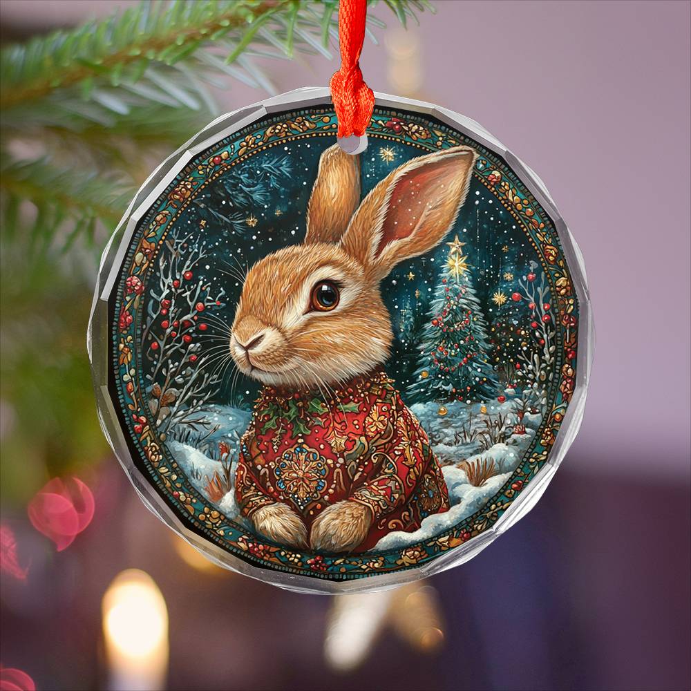 Beautiful Rabbit Christmas Night Design 1 Glass Ornament