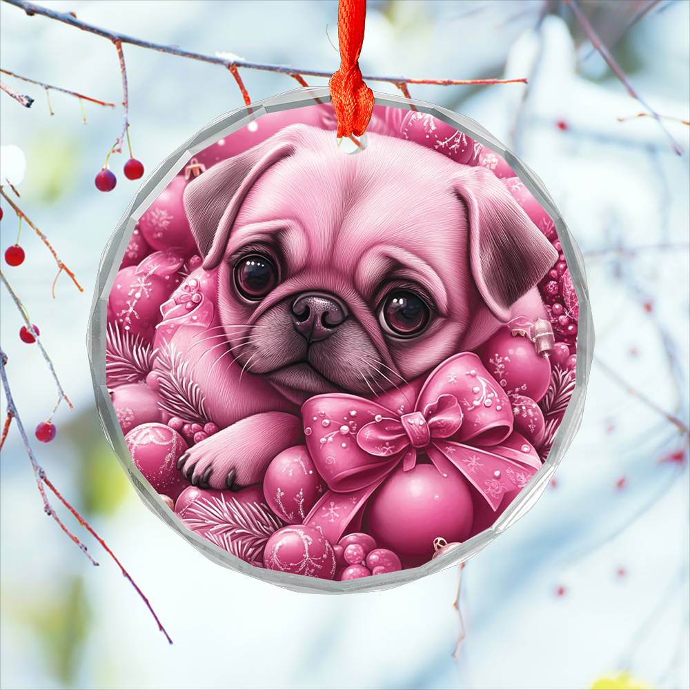 Pug Dog Pink Christmas Design 1 Glass Ornament