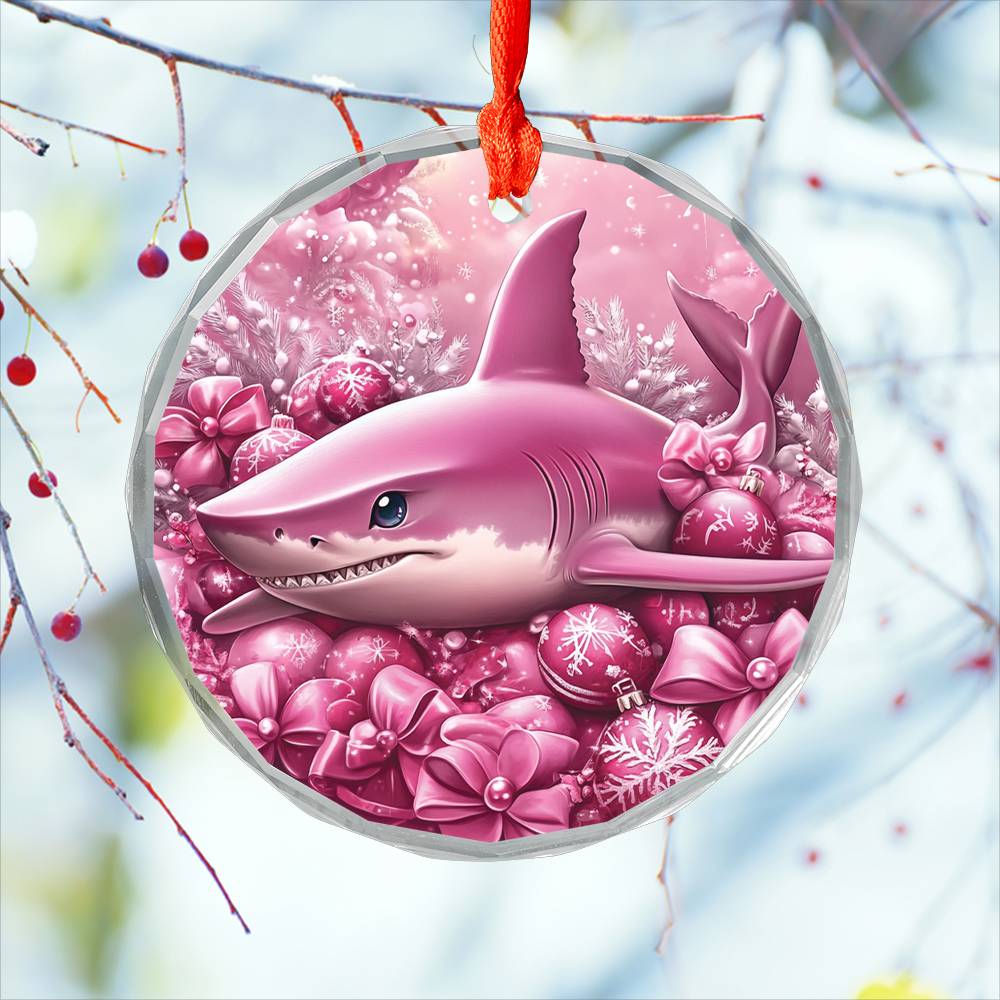 Shark Pink Christmas Design 1 Glass Ornament