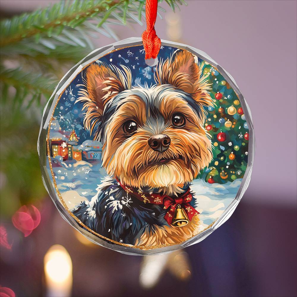 Beautiful Angus Yorkshire Terrier Dog Christmas Night Design 3 Glass Ornament