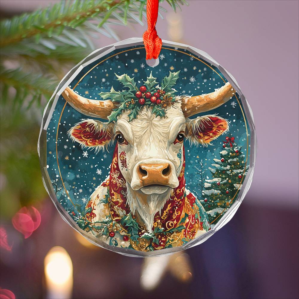 Beautiful Longhorn Cow Christmas Night Design 4 Glass Ornament