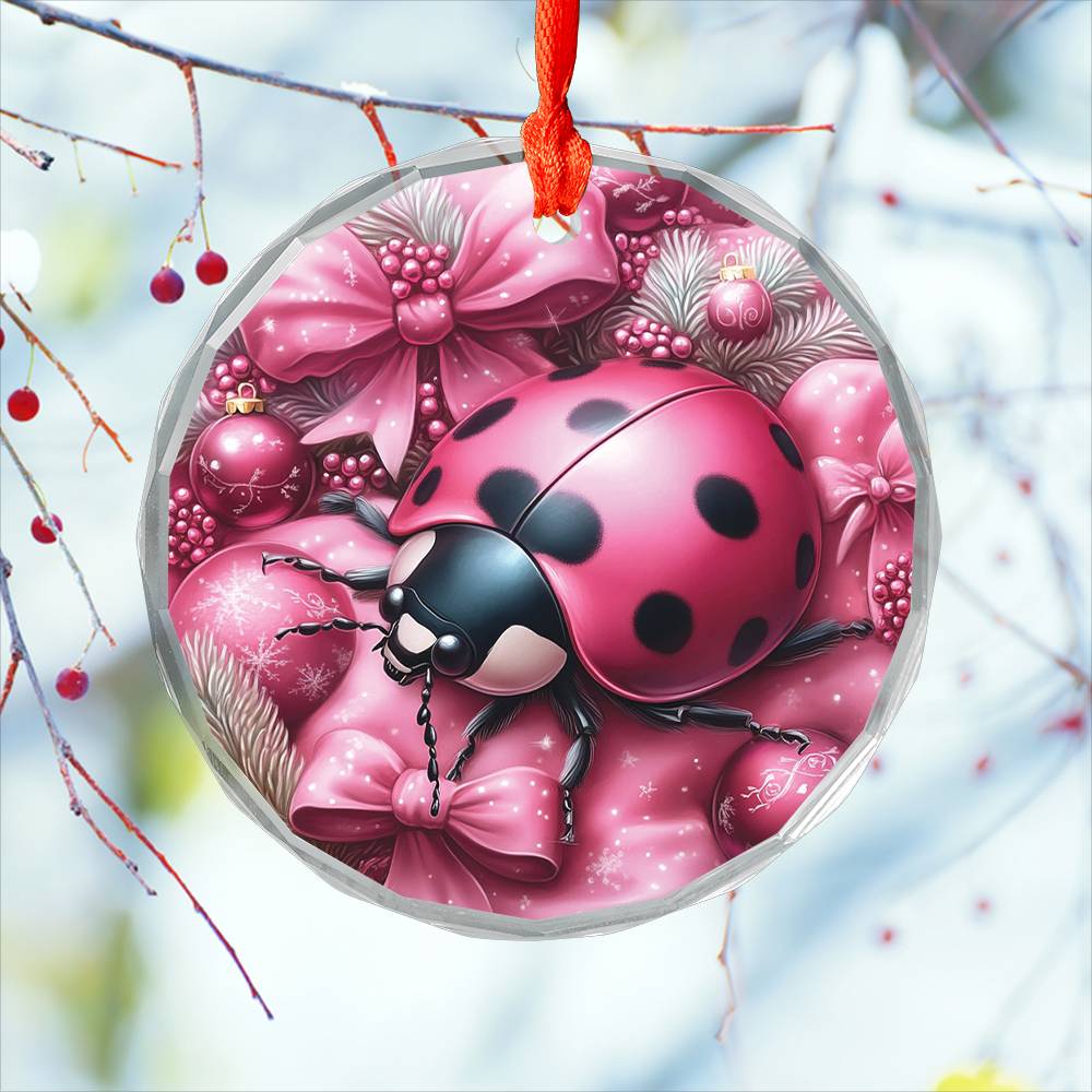 Ladybug Pink Christmas Design 2 Glass Ornament