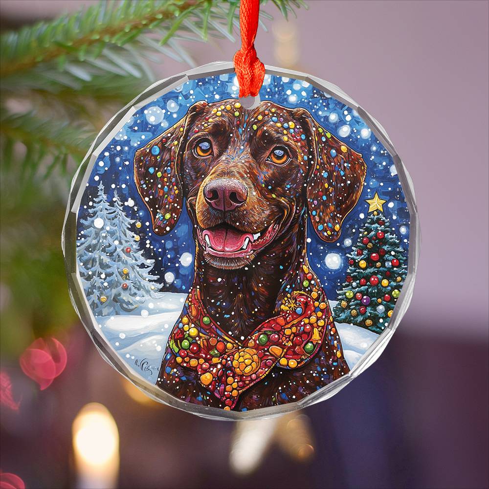 Beautiful Angus German Shorthaired Pointer Dog Christmas Night Design 2 Glass Ornament
