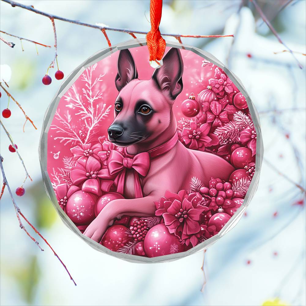 Belgian Malinoi Dog Pink Christmas Design 2 Glass Ornament