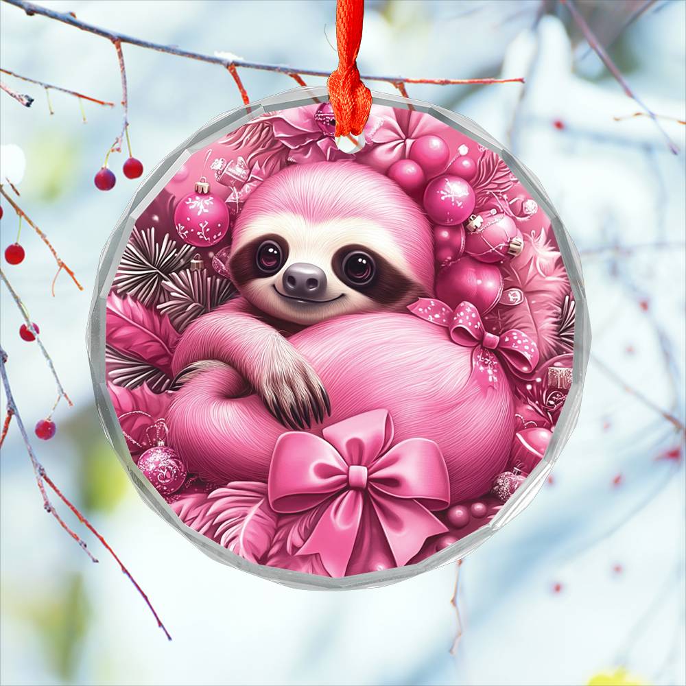 Sloth Pink Christmas Design 1 Glass Ornament