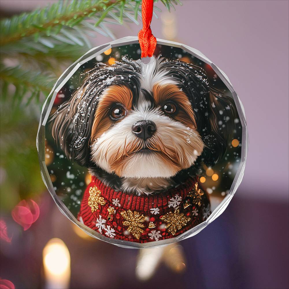 Beautiful Havanese Dog Christmas Night Design 1 Glass Ornament