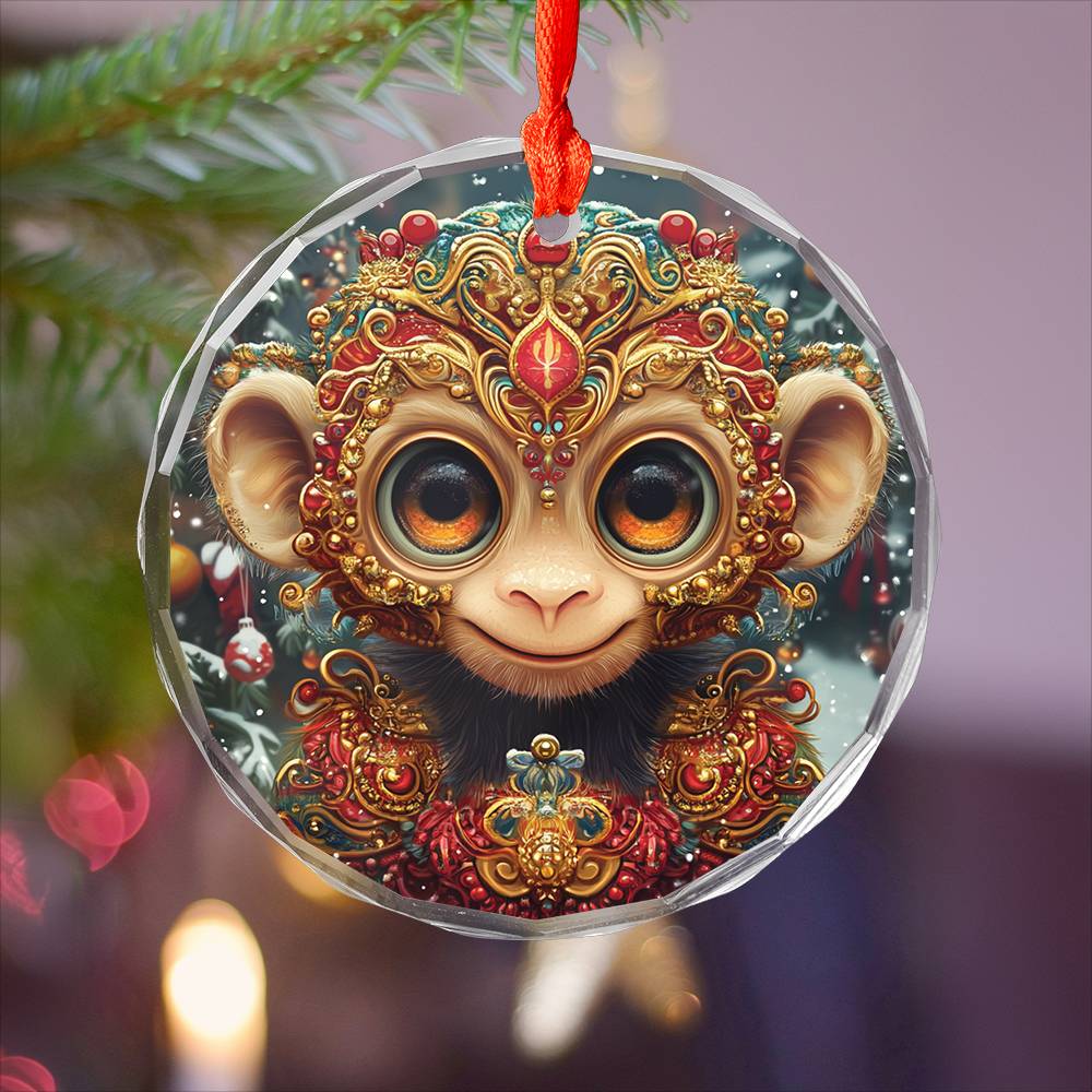 Beautiful Angus Monkey Christmas Night Design 1 Glass Ornament
