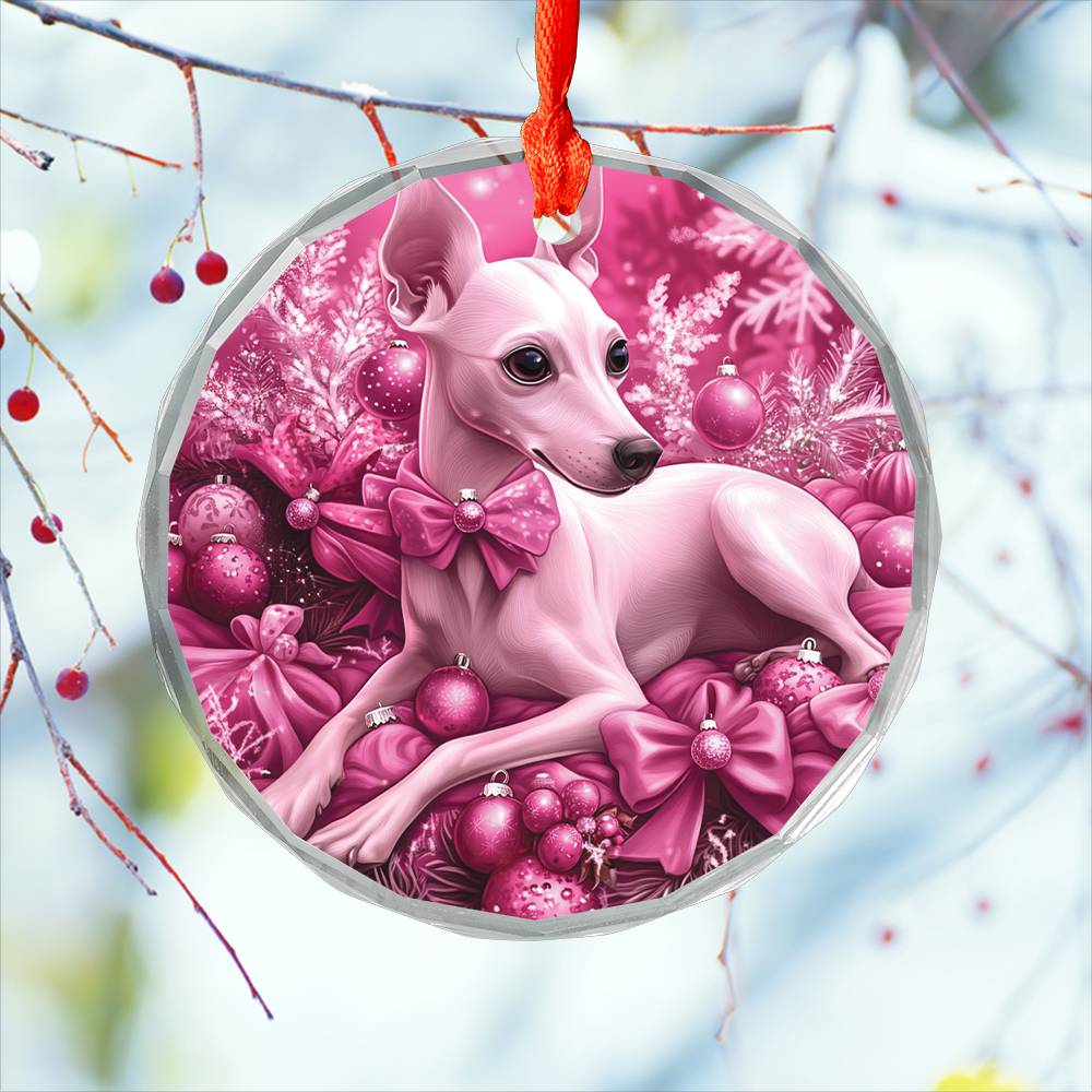 Whippet Dog Pink Christmas Design 2 Glass Ornament