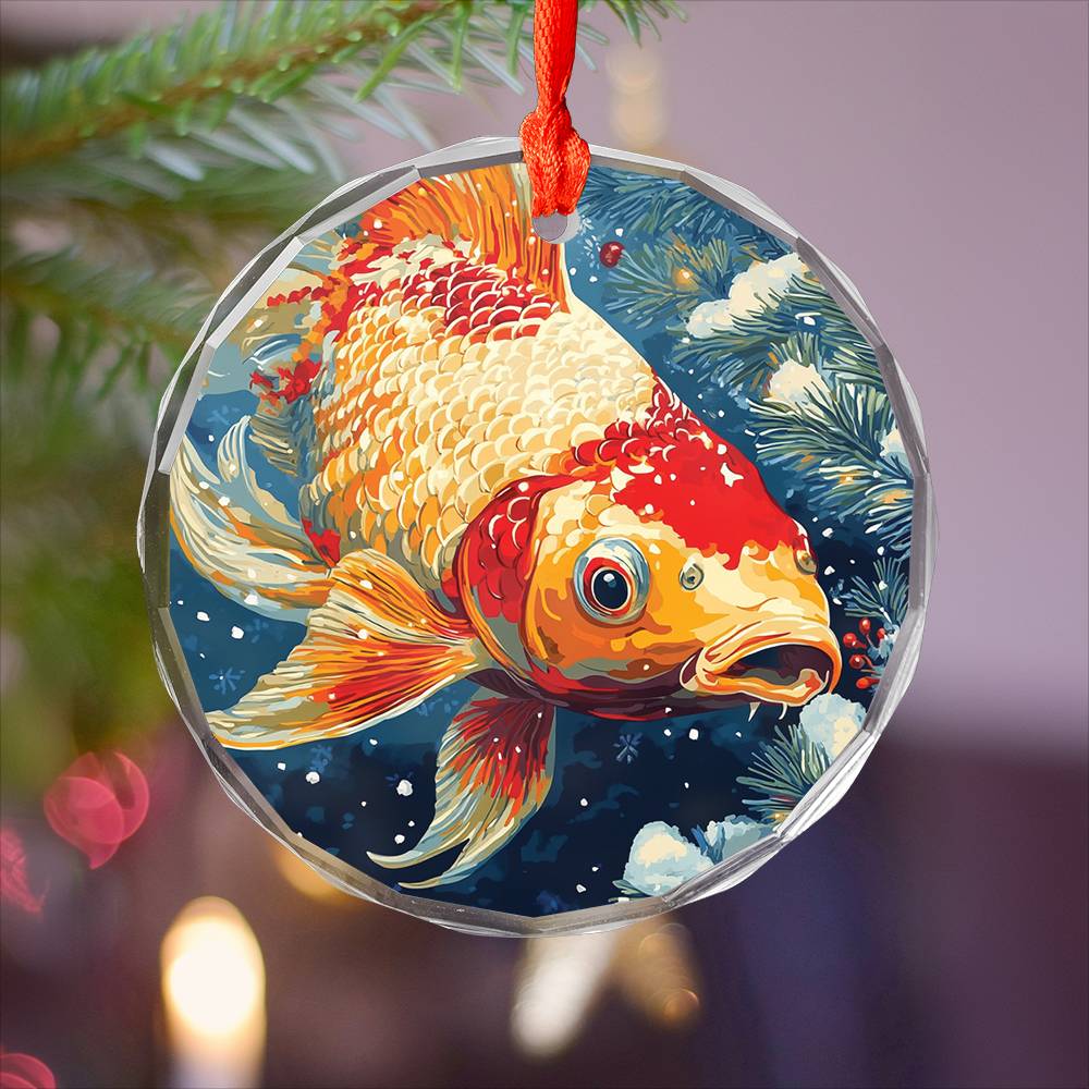 Beautiful Angus Koi Fish Christmas Night Design 1 Glass Ornament