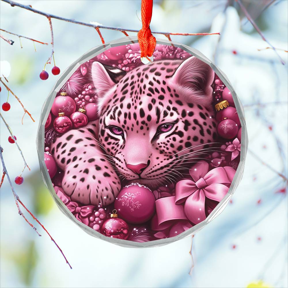 Leopard Pink Christmas Design 4 Glass Ornament