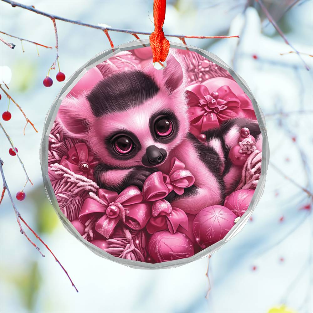 Lemur Pink Christmas Design 1 Glass Ornament