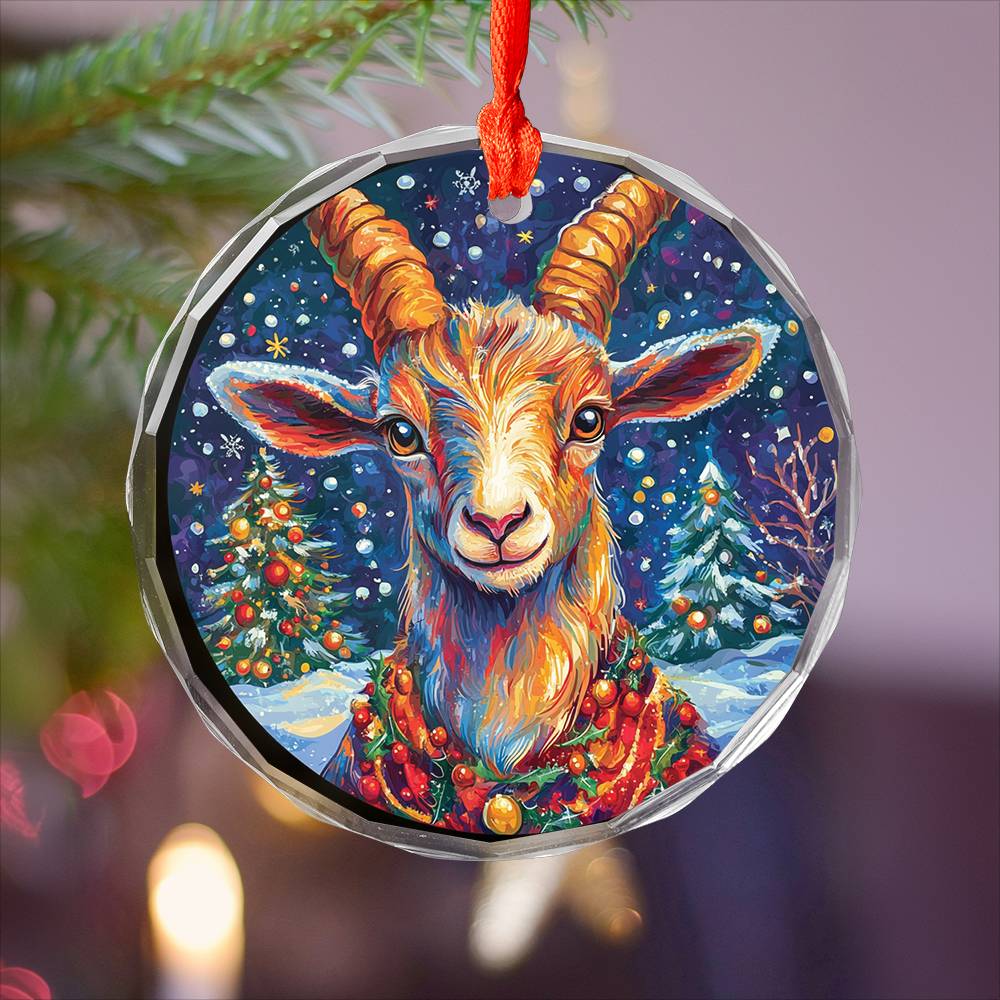 Beautiful Goat Christmas Night Design 2 Glass Ornament