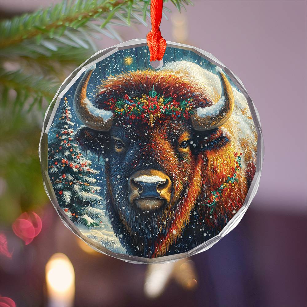 Beautiful Bison Christmas Night Design 3 Glass Ornament