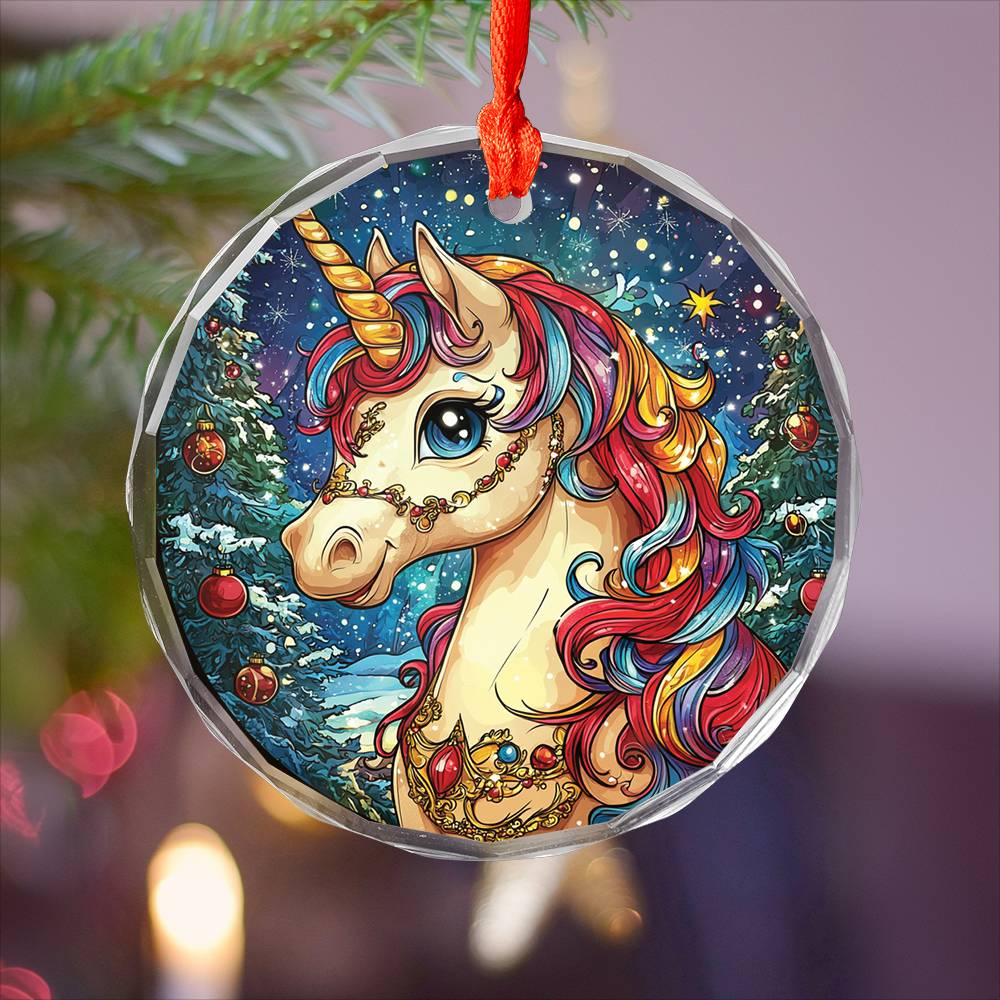 Beautiful Angus Unicorn Christmas Night Design 4 Glass Ornament