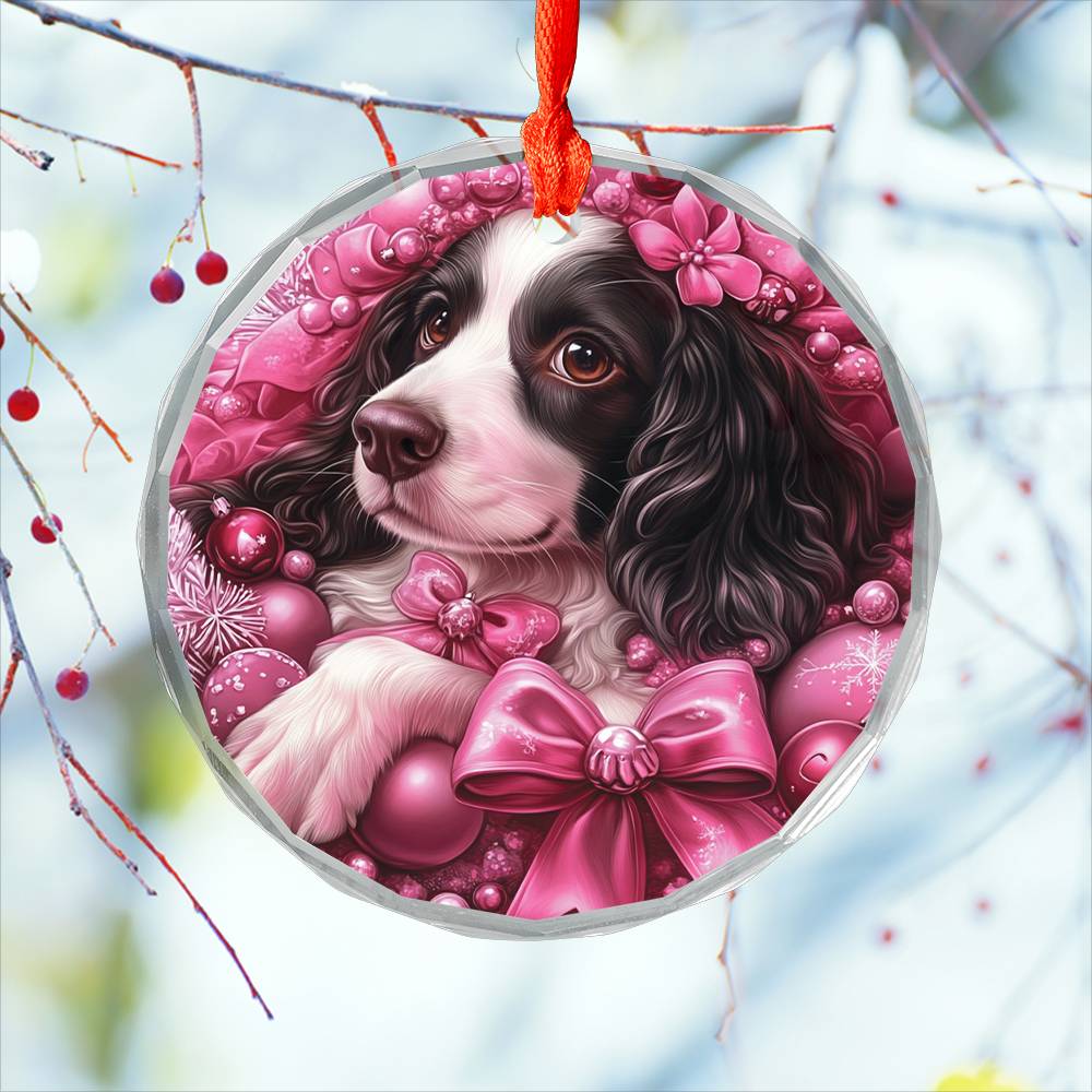 English Springer Spaniel Dog Pink Christmas Design 3 Glass Ornament