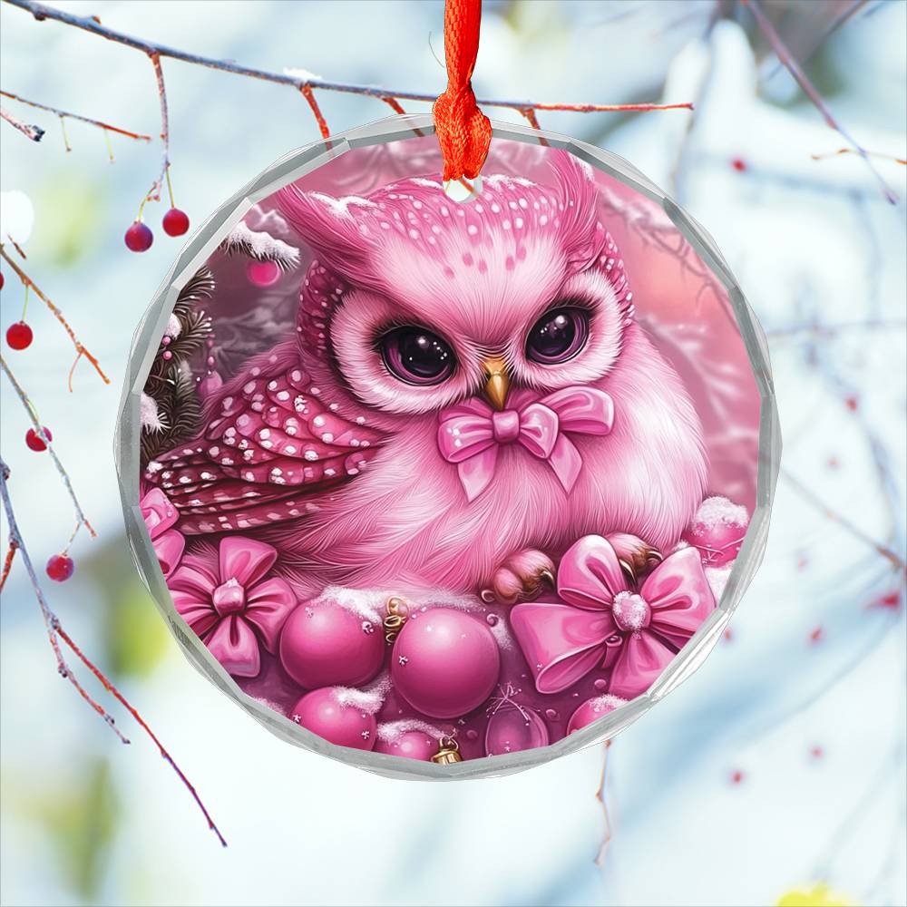 Owl Pink Christmas Design 2 Glass Ornament