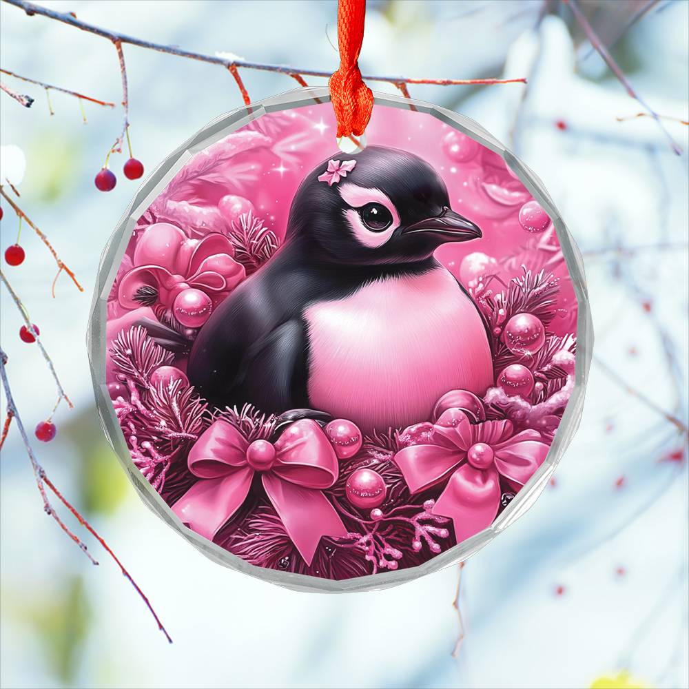 Penguin Pink Christmas Design 3 Glass Ornament