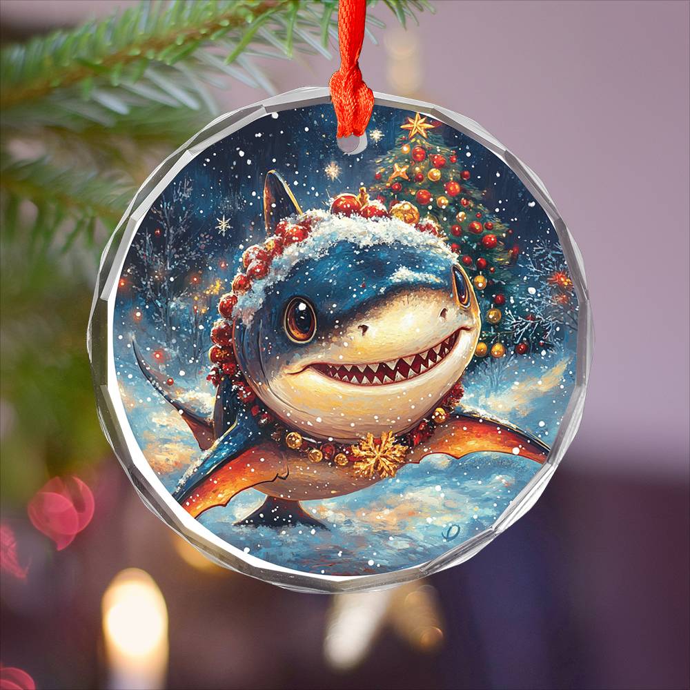 Beautiful Angus Shark Christmas Night Design 3 Glass Ornament