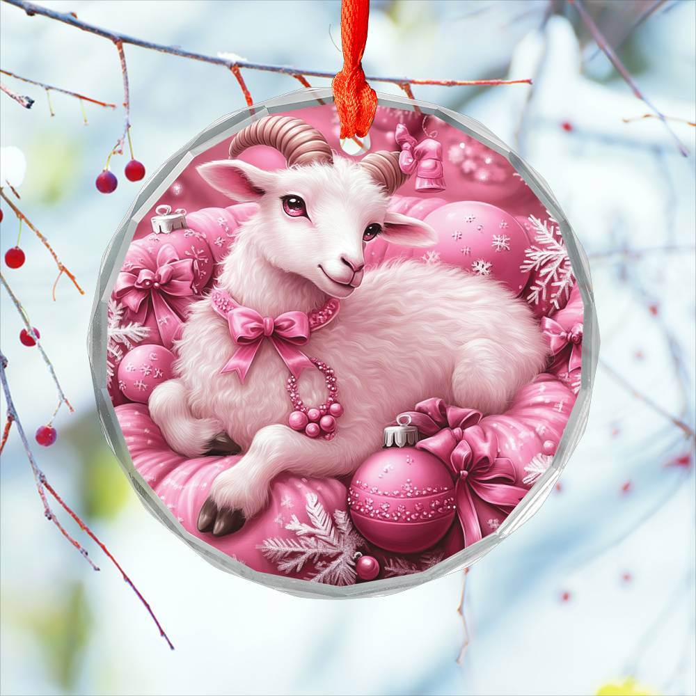 Sheep Pink Christmas Design 2 Glass Ornament