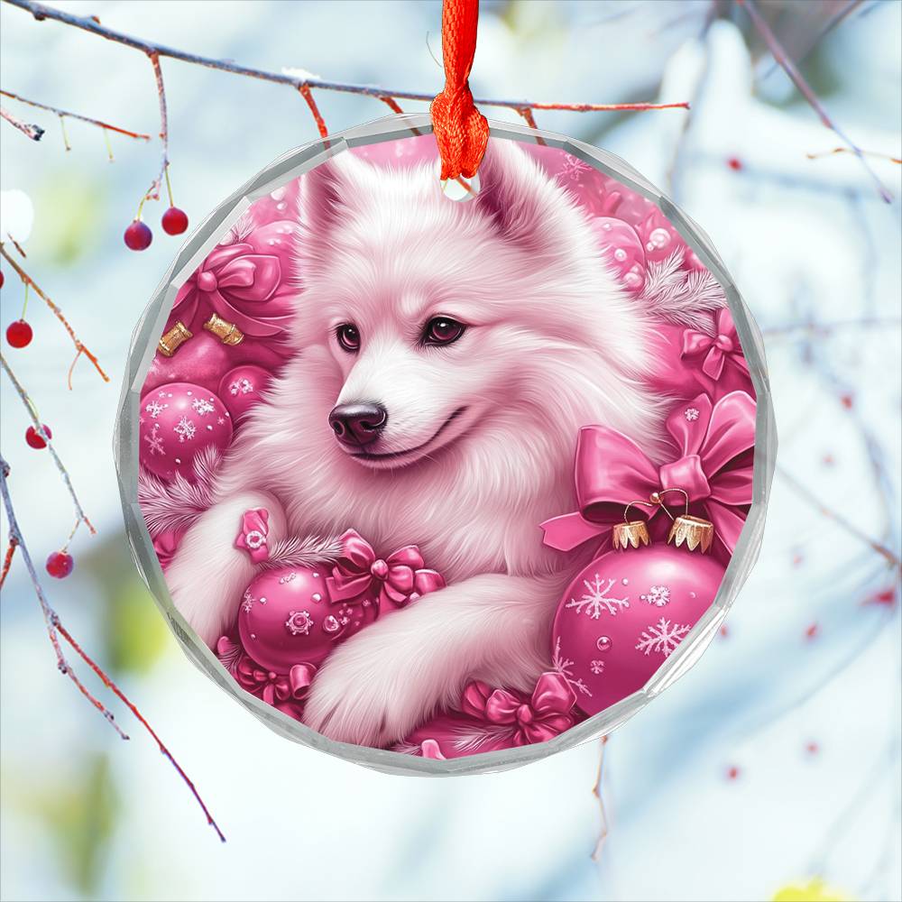 Samoyed Dog Pink Christmas Design 2 Glass Ornament