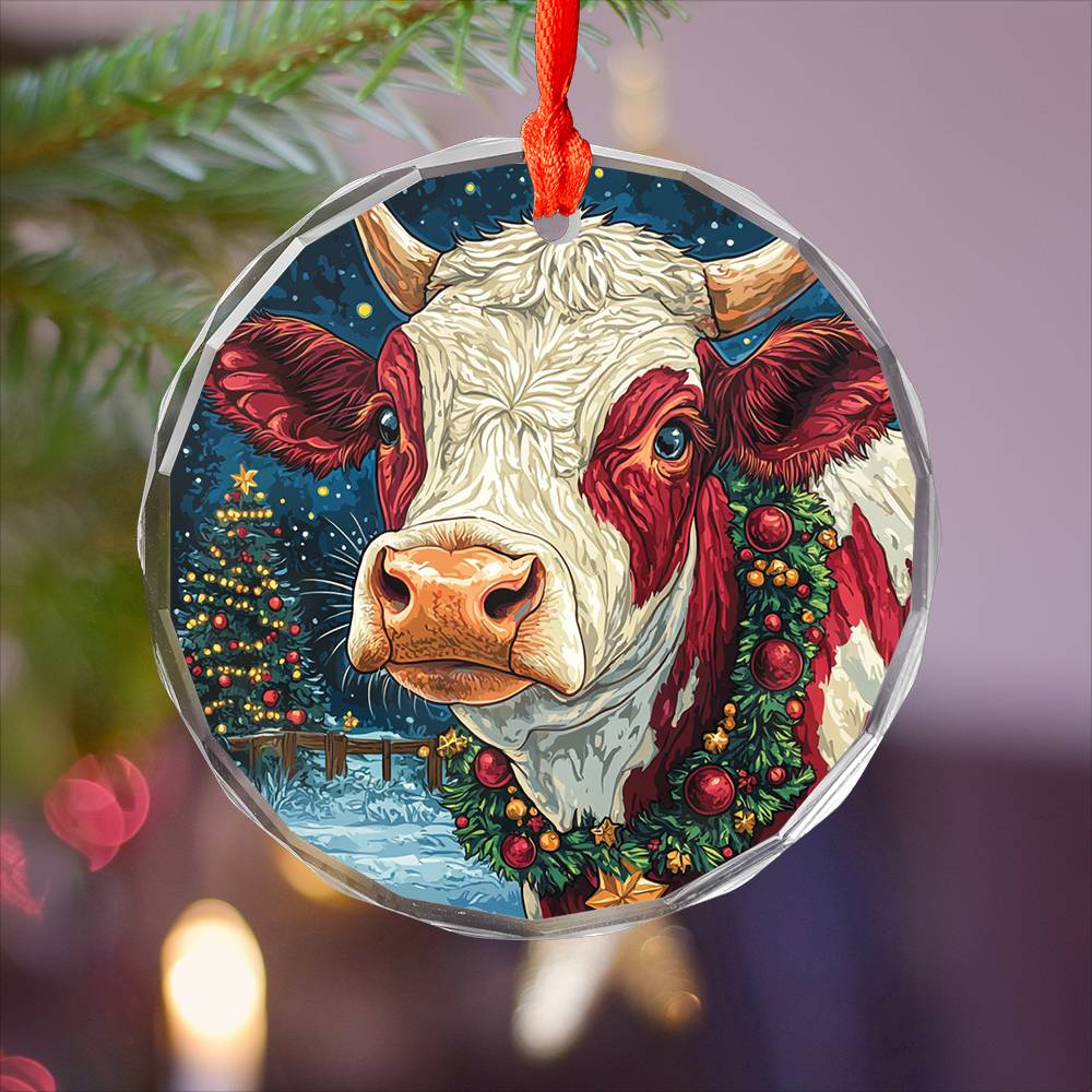 Beautiful Hereford Cow Christmas Night Design 3 Glass Ornament