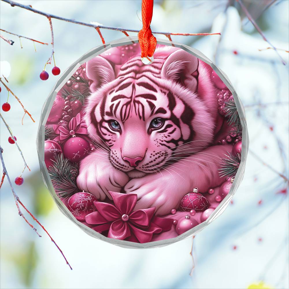 Tiger Pink Christmas Design 4 Glass Ornament