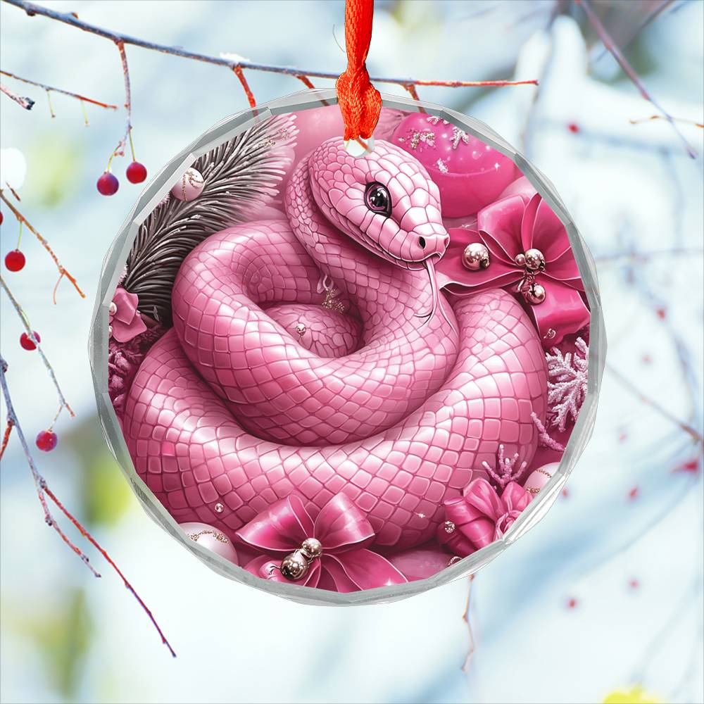 Snake Pink Christmas Design 1 Glass Ornament